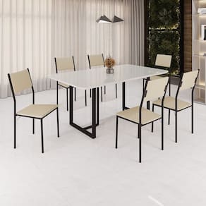 Conjunto Sala de Jantar Mesa 160x90cm Base Lunna Tampo Mdf Laca com Vidro Florença Creme/Preto