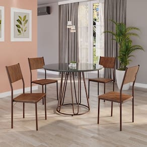 Conjunto Sala de Jantar Mesa Redonda 100cm Base Omega Tampo Mdf Laca com Vidro Florença Marrom