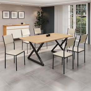 Conjunto Sala de Jantar Mesa 160x90cm Base Império Tampo Mdf Florença Creme/Preto