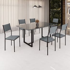 Conjunto Sala de Jantar Mesa 160x90cm Base Lunna Tampo Mdf Laca com Vidro Florença Grafite/Preto