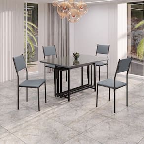 Conjunto Sala de Jantar Mesa 120cm X 90cm Base Pérola Tampo Mdf Laca com Vidro Florença Grafite / Preto