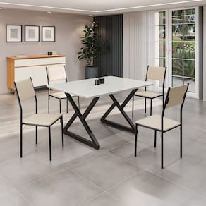 Conjunto Sala de Jantar Mesa 120x90cm Base Império Tampo Mdf Laca com Vidro Florença Creme /Preto