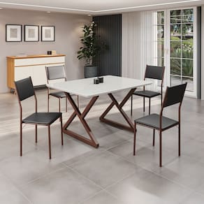 Conjunto Sala de Jantar Mesa 120x90cm Base Império Tampo Mdf Laca com Vidro Florença Preto/ Marrom