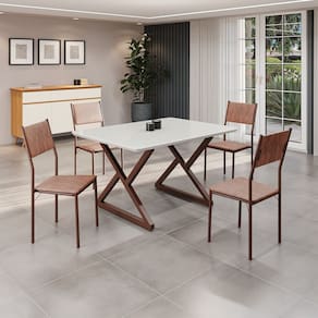 Conjunto Sala de Jantar Mesa 120x90cm Base Império Tampo Mdf Laca com Vidro Florença Marrom