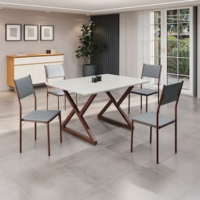 Conjunto Sala de Jantar Mesa 120x90cm Base Império Tampo Mdf Laca com Vidro Florença Grafite/Marrom