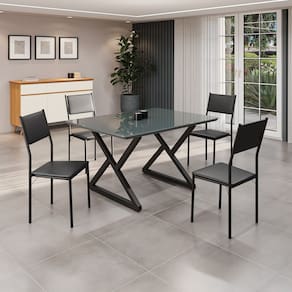 Conjunto Sala de Jantar Mesa 120x90cm Base Império Tampo Mdf Laca com Vidro Florença Preto