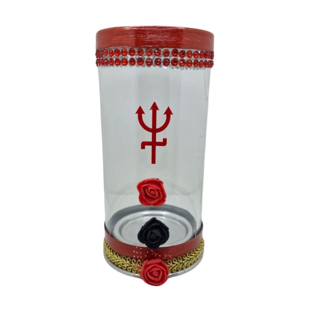 Porta Vela 7 Dias 18 cm Pomba Gira Vermelha Vidro e Alumínio