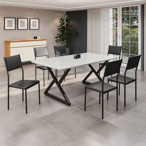 Conjunto Sala de Jantar Mesa 160x90cm Base Império Tampo Mdf Laca com Vidro Florença Preto