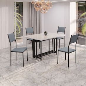 Conjunto Sala de Jantar Mesa 120x90cm Base Pérola Tampo Mdf Laca com Vidro Florença Grafite / Preto