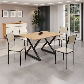 Conjunto Sala de Jantar Mesa 120x90cm Base Império Tampo Mdf Florença Creme/Preto
