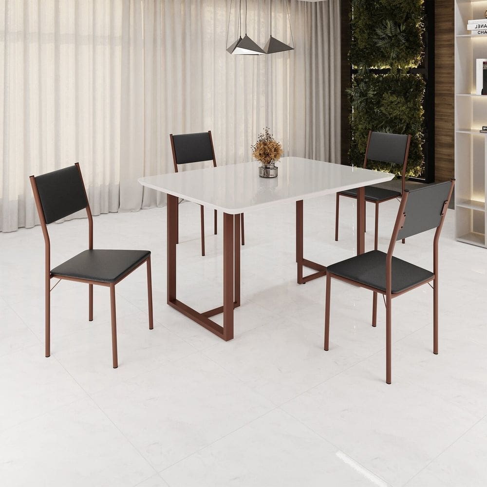 Conjunto Sala de Jantar Mesa 120x90cm Base Lunna Tampo Mdf Laca com Vidro Florença Preto/Marrom