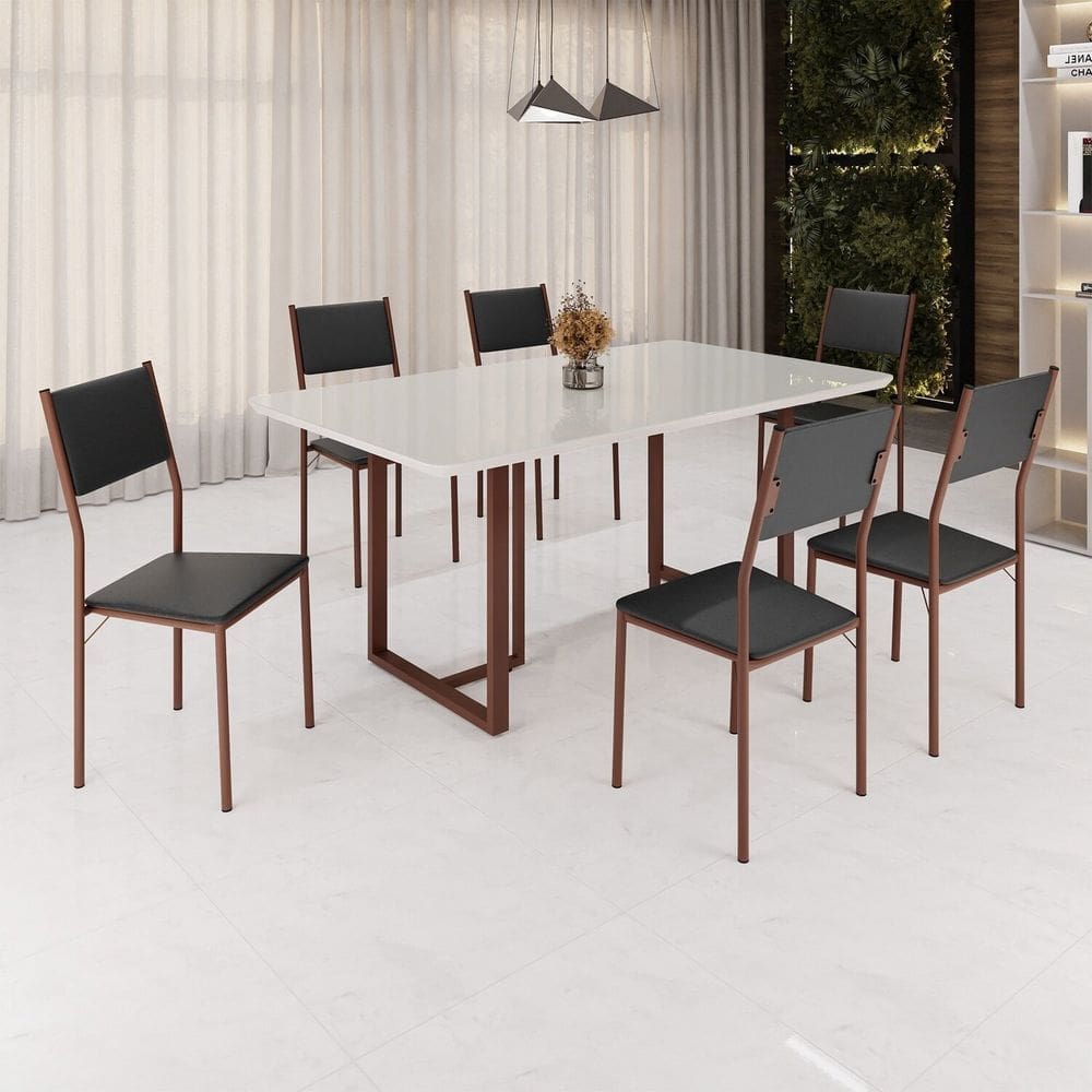 Conjunto Sala de Jantar Mesa 160x90cm Base Lunna Tampo Mdf Laca com Vidro Florença Preto / Marrom