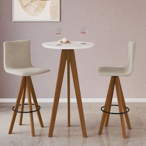 Conjunto Mesa Bistrô com Tampo Redondo em Bp Marmore, Pés Madeira Maciça 2 Banquetas Giratórias Made Imbuia /Cinza Claro