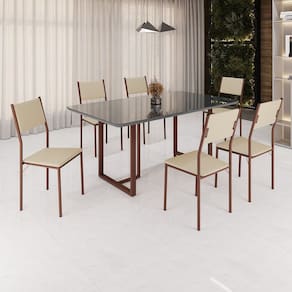 Conjunto Sala de Jantar Mesa 160x90cm Base Lunna Tampo Mdf Laca com Vidro Florença Creme/Marrom