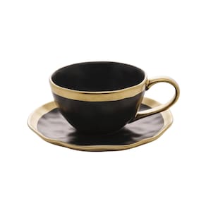 Xícara Para Chá Com Pires Em Porcelana Dubai 200ml Wolff Preto e Dourado