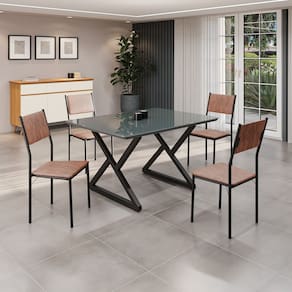 Conjunto Sala de Jantar Mesa 120x90cm Base Império Tampo Mdf Laca com Vidro Florença Marrom/Preto