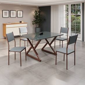 Conjunto Sala de Jantar Mesa 120x90cm Base Império Tampo Mdf Laca com Vidro Florença Grafite/Marrom