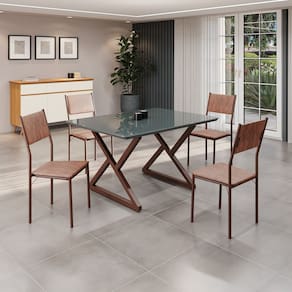 Conjunto Sala de Jantar Mesa 120x90cm Base Império Tampo Mdf Laca com Vidro Florença Marrom