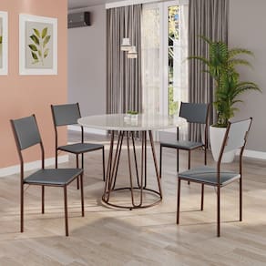 Conjunto Sala de Jantar Mesa Redonda 100cm Base Omega Tampo Mdf Laca com Vidro Florença Grafite / Marrom