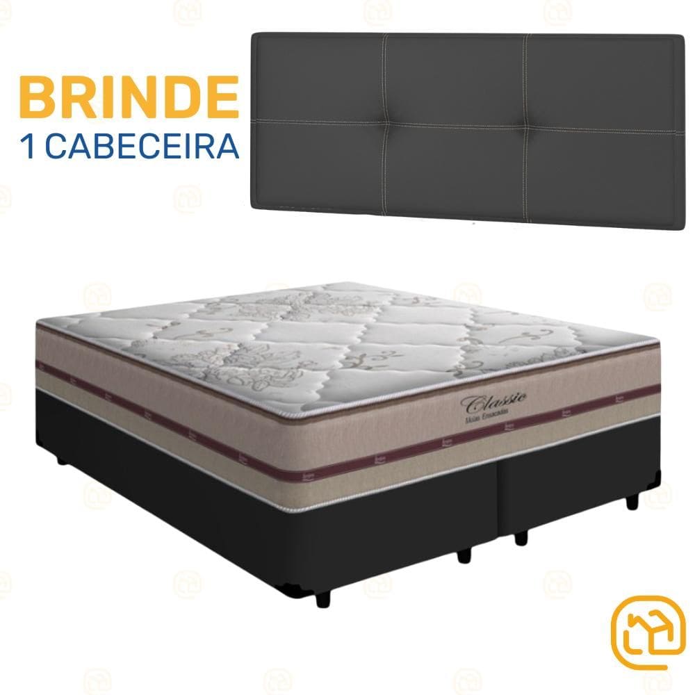 Box Queen Preta + Cabeceira Painel Iris Preta + Colchão Classic Molas Ensacadas 158cm