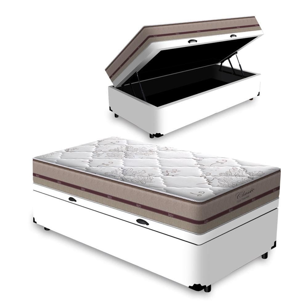 Cama Box Baú Solteiro King Branco + Colchão De Molas Ensacadas - Anjos - Classic - 96x203x59cm