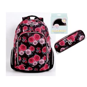 Kit Mochila + Estojo Duplo Capricho Girl Gang Flores Preta REF: 11322 E 11326 DMW