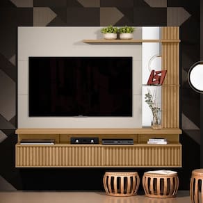Painel para TV Ripado com Porta Mandonie Carvalho Off White