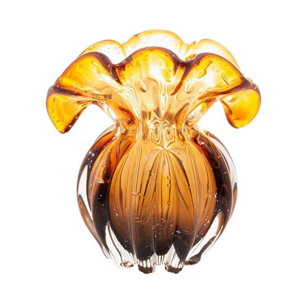 Vaso De Vidro Murano Italy Ambar E Marrom Lyor 16x13x15cm