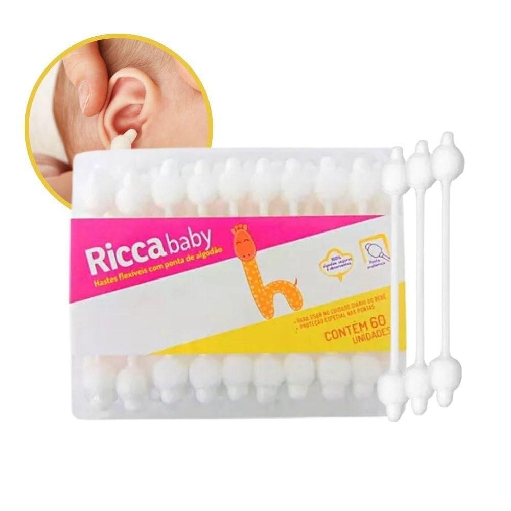 Hastes Flexíveis Em Algodão Infantil Bebê Ricca Baby 60 Unidades