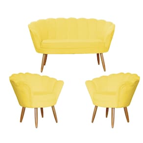 Kit Namoradeira e 2 Poltronas Pétala Decorativa Veludo Amarelo - Montanaris Decor