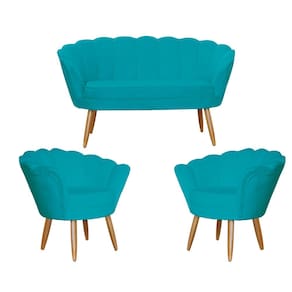 Kit Namoradeira e 2 Poltronas Pétala Decorativa Veludo Azul Turquesa - Montanaris Decor