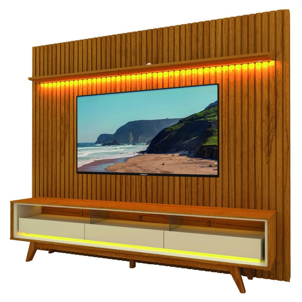Rack Bancada Requinte Com Painel Ripado Para TV Até 90 Polegadas LED Nobre Madeirado/Off White Gelius