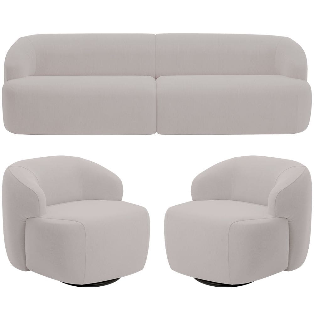 Sofá 3 Lugares Curvo Orgânico com 02 Poltronas Para Sala Living 250cm Barolo L06 Veludo Grafite - Lyam Decor
