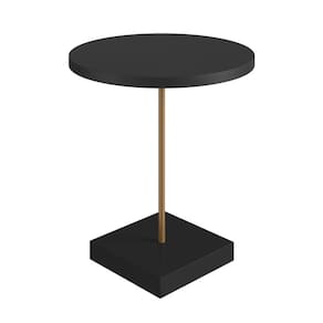 Mesa Lateral Redonda Artesano 45 cm Larg Tampo e Base MDP Preto c/ Tubo Metálico Aço Carbono Dourado