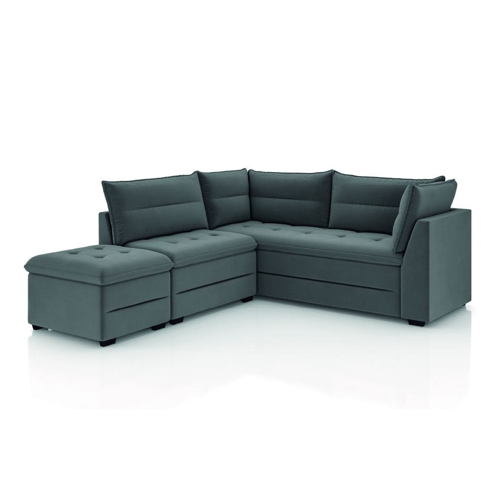 Sofá de Canto com Puff Monte do Seu Jeito Benfica Veludo Luizzi