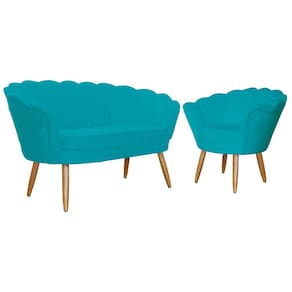 Kit Namoradeira e 1 Poltrona Pétala Decorativa Veludo Azul Turquesa - Montanaris Decor