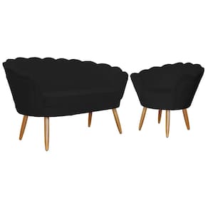 Kit Namoradeira e 1 Poltrona Pétala Decorativa Veludo Preto - Montanaris Decor