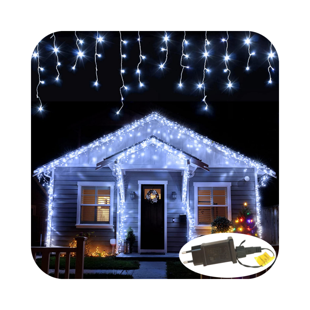 Cascata 350 Led 8 Funções Prova D`água Branco Frio 31v Bivolt Fio Verde 10m Uso Externo Natal