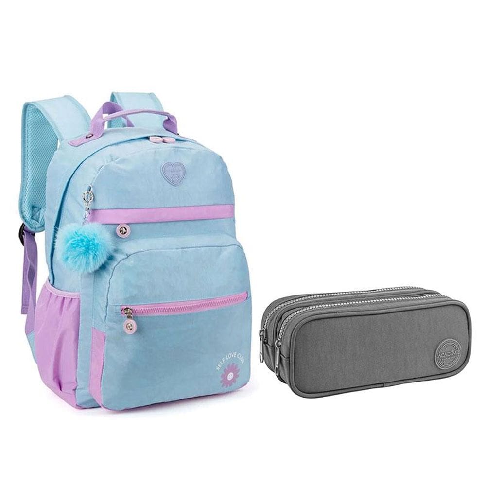 Kit Mochila Escolar Infantil KK24M14ACR e Estojo Académie Duplo Cinza - Kika