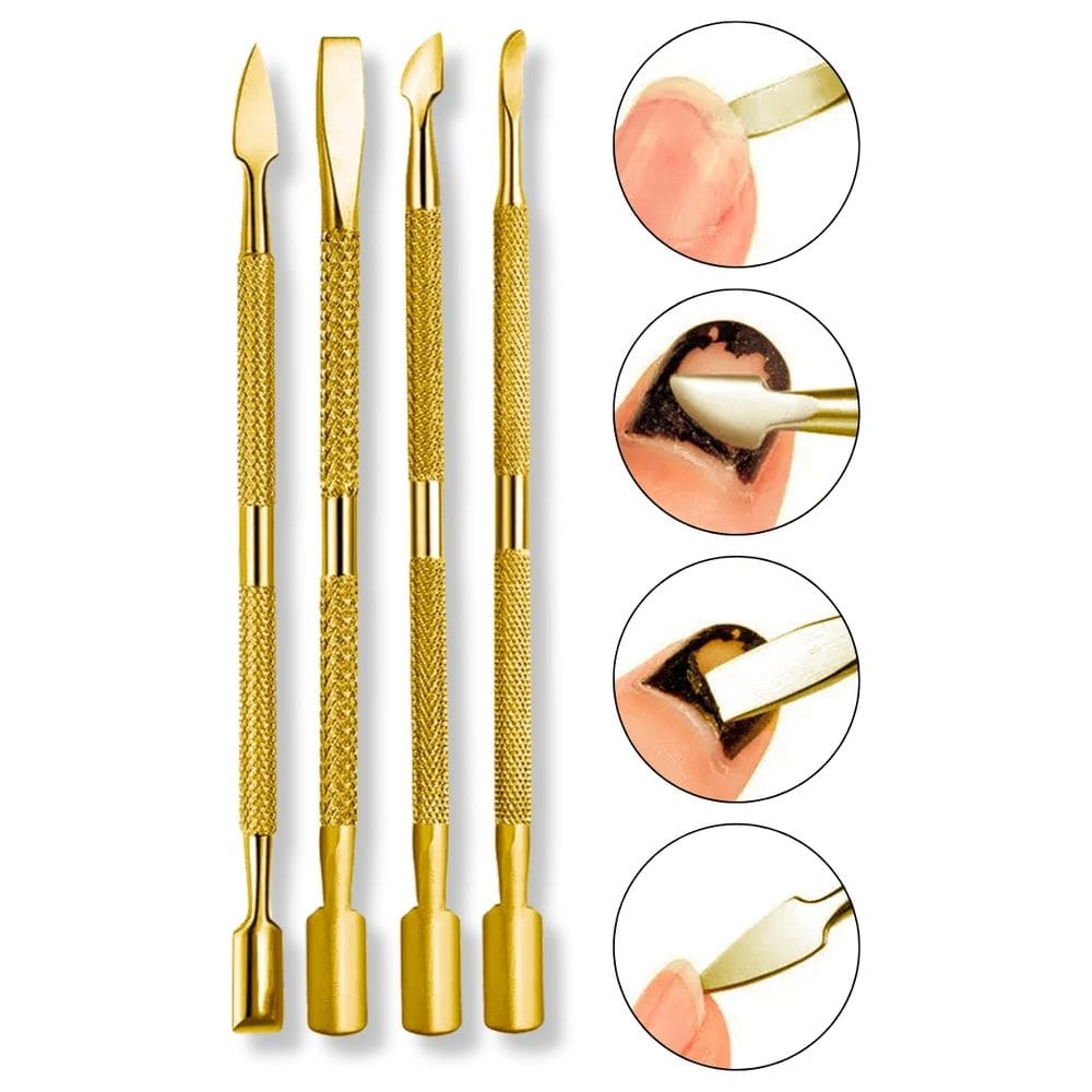 Kit 4 Espátulas Ponta Dupla Dourada Cutícula Podóloga Unhas