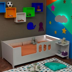 Cama Juvenil Livia com Led Usb Prateleiras Divaloto Acompanha Mesa de Cabeceira - Branco