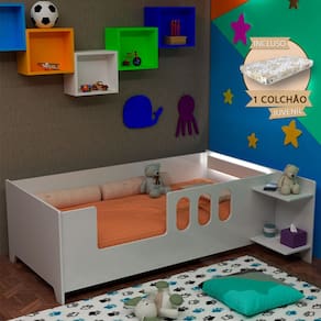 Cama Juvenil Infantil Livia com Led Usb Prateleiras Divaloto Acompanha Colchão D18 e Mesa de Cabecei