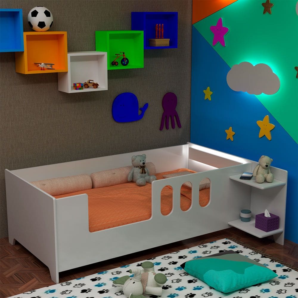 Cama Infantil Montessoriana Livia com Led Usb Prateleiras Divaloto Acompanha Mesa de Cabeceira - Bra