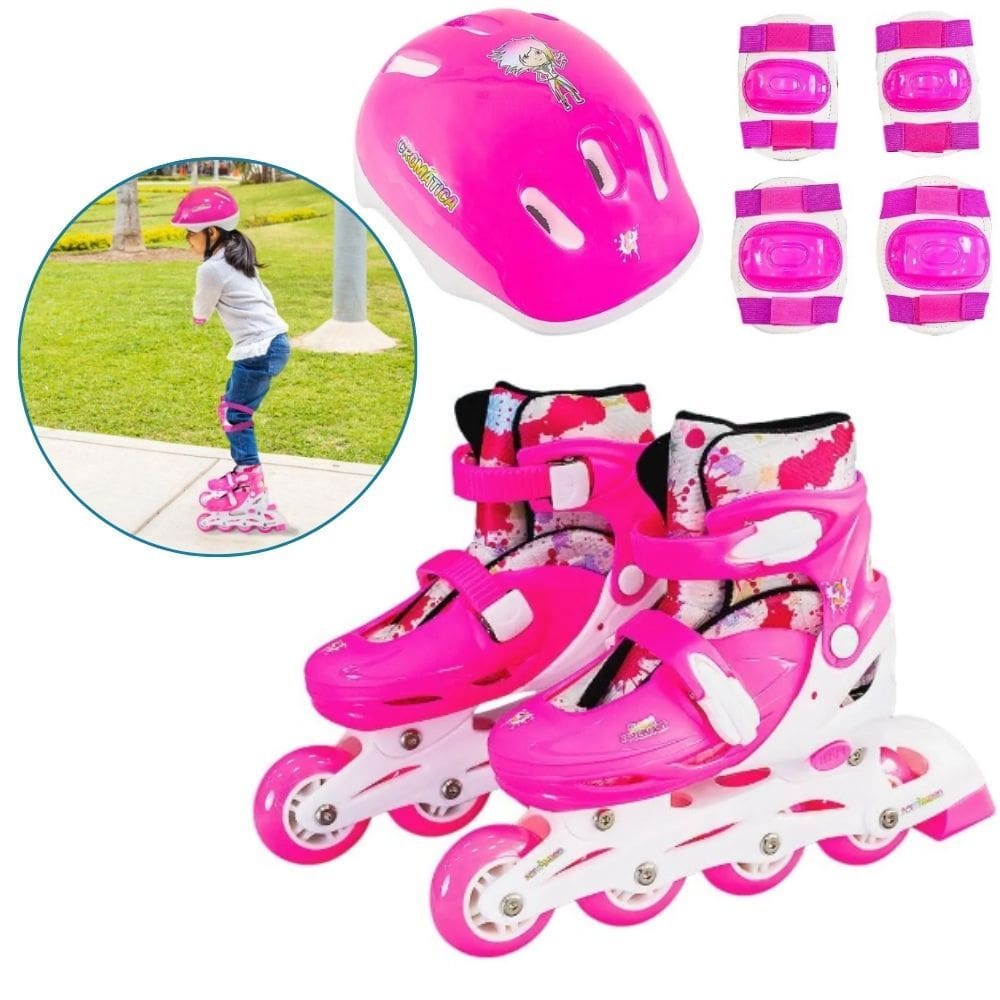 Patins Infantil Roller In line 4 Rodas 31 A 34 Criança Ajustável Abec-7 Com Kit De Proteção Freio Traseiro Bota Confortável Capecete Joelheira