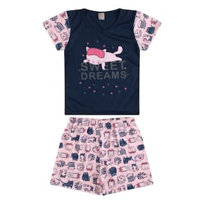 Pijama Infantil Menina Blusa Azul Marinho e Estampa Gatinha