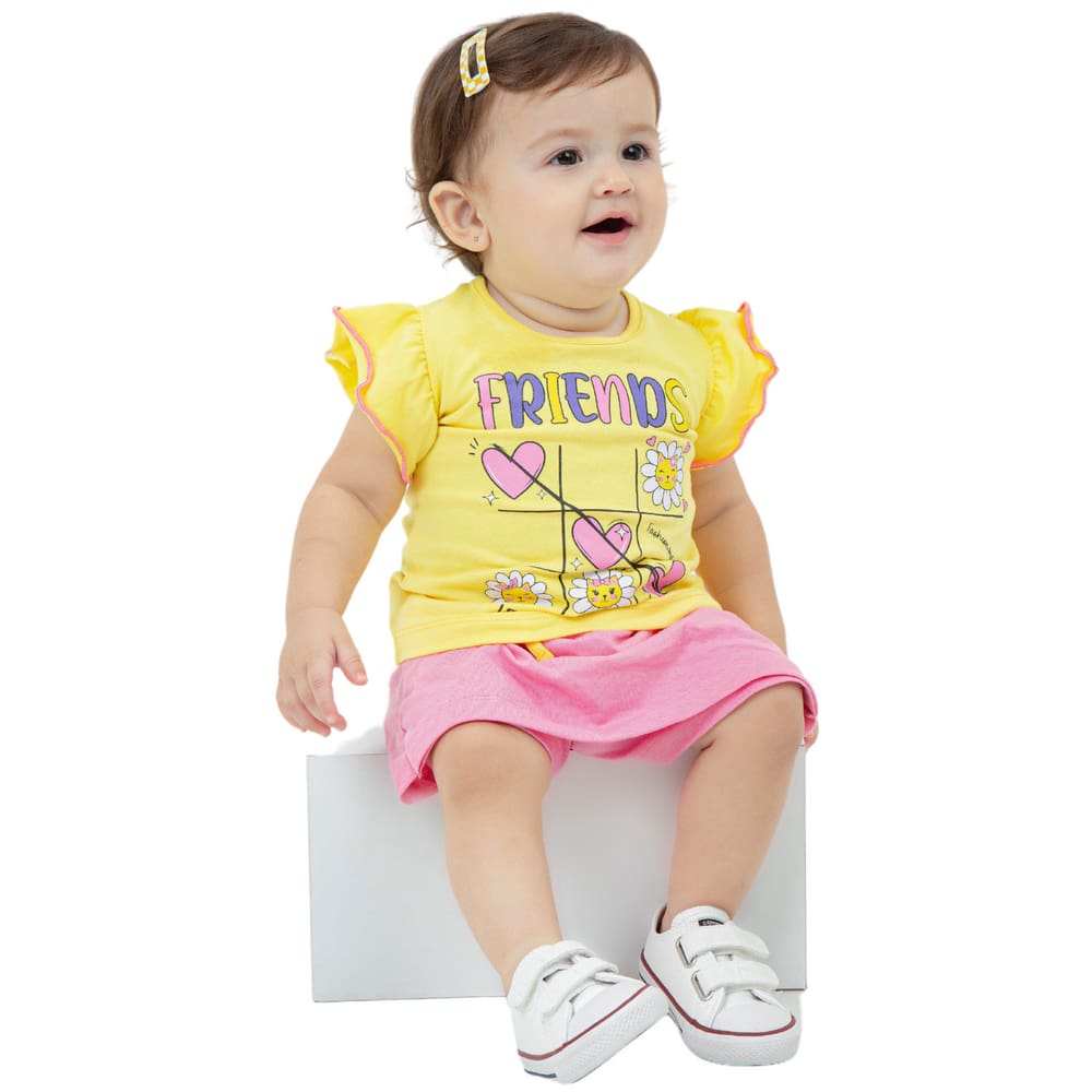 Conjunto Bebê Menina Blusa Algodão Amarela e Short Saia Rosa