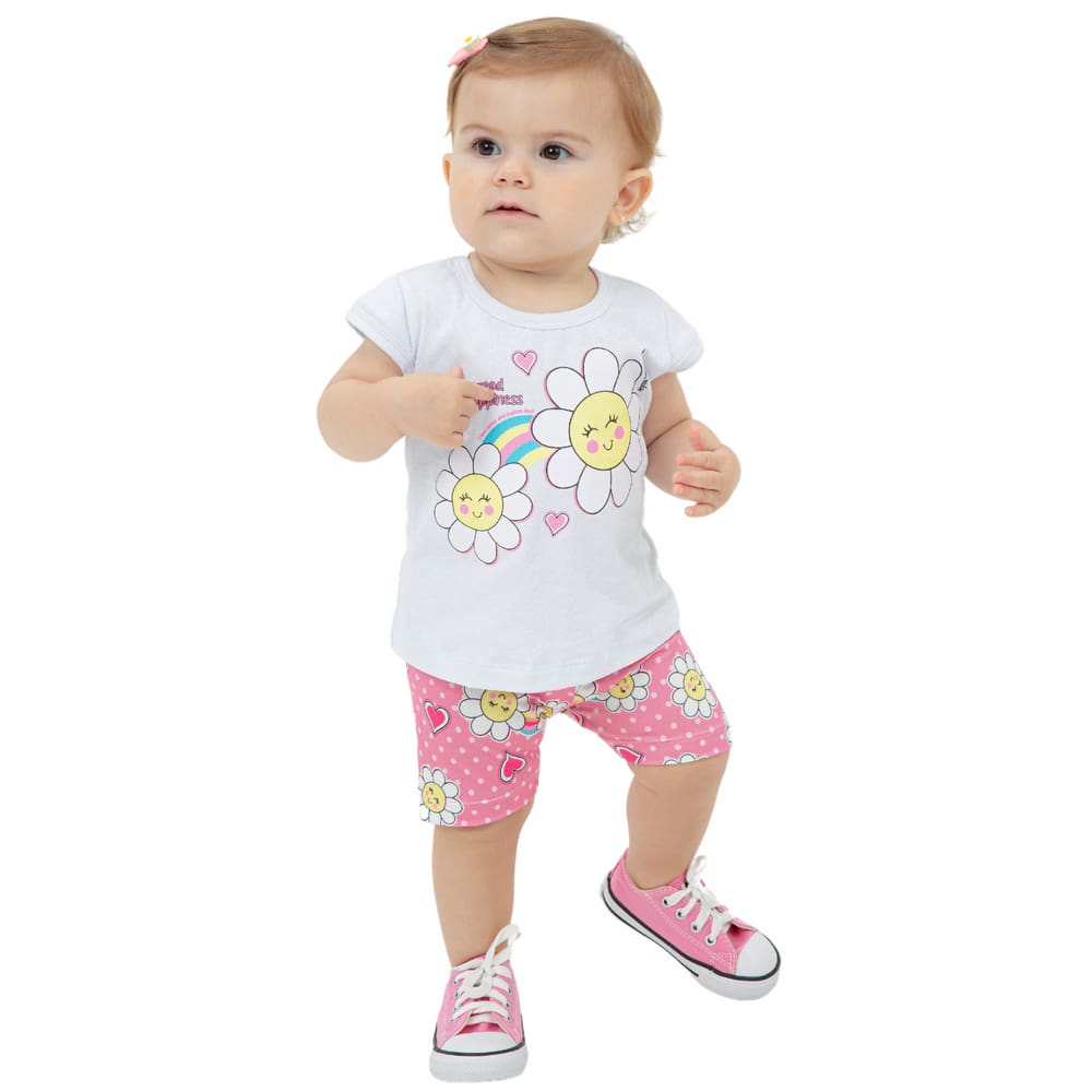 Conjunto Bebê Menina Florzinhas Branco e Rosa Blusa e Short
