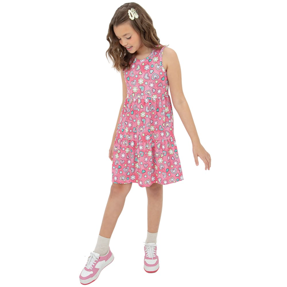 Vestido Regata Rosa Crepe Sublimado Estampa Divertida Menina