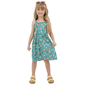 Vestido Alça Verde Crepe Sublimado Estampa Divertida Menina