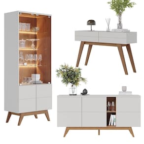 Kit para Sala Completo Cristaleira Led Buffet Aparador Off White Freijó 3 Peças Colibri